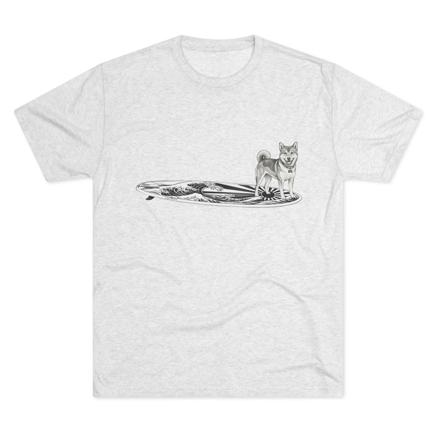 White t-shirt mockup with Shiba Inu surfboard illustration featuring rising wave and Japanese sun flag design — The Swell Dogs