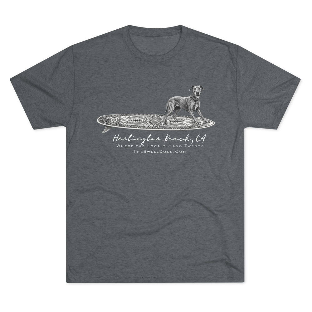 Grey t-shirt featuring a Great Dane on a Keltic surfboard with "Huntington Beach, CA" text