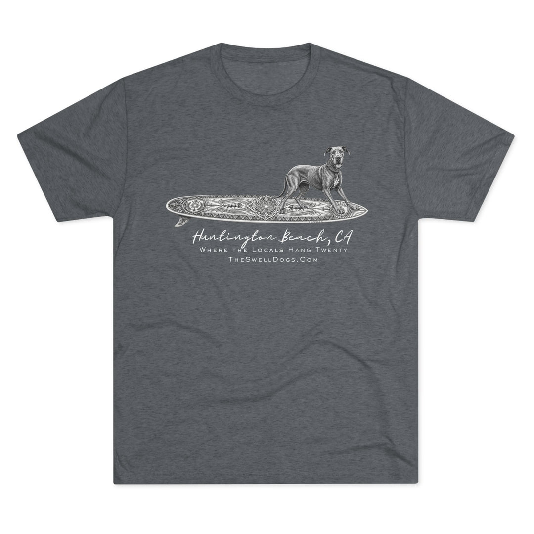 Grey t-shirt featuring a Great Dane on a Keltic surfboard with "Huntington Beach, CA" text