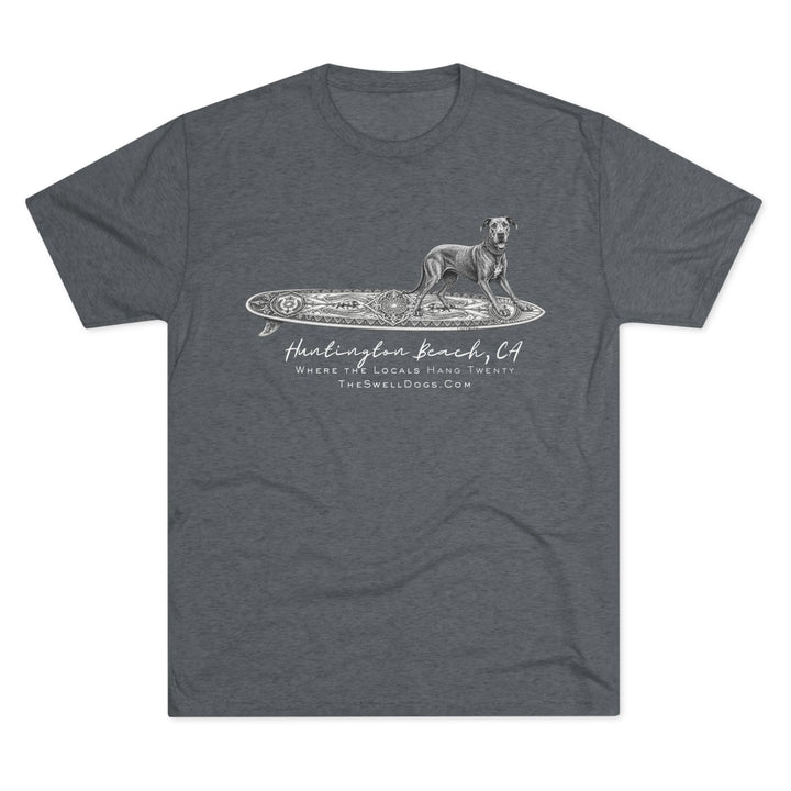 Grey t-shirt featuring a Great Dane on a Keltic surfboard with "Huntington Beach, CA" text