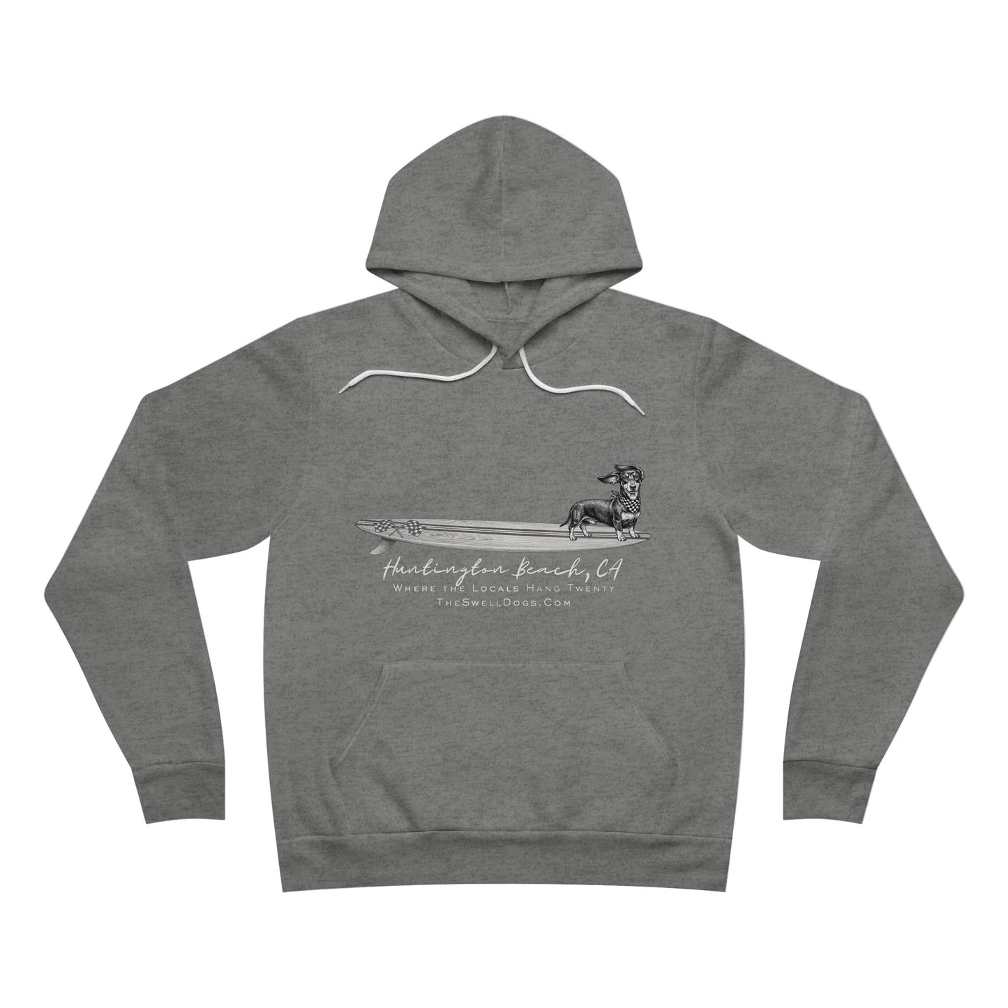 Gray pullover hoodie featuring a Dachshund dog standing on a surfboard with "Huntington Beach, CA" text