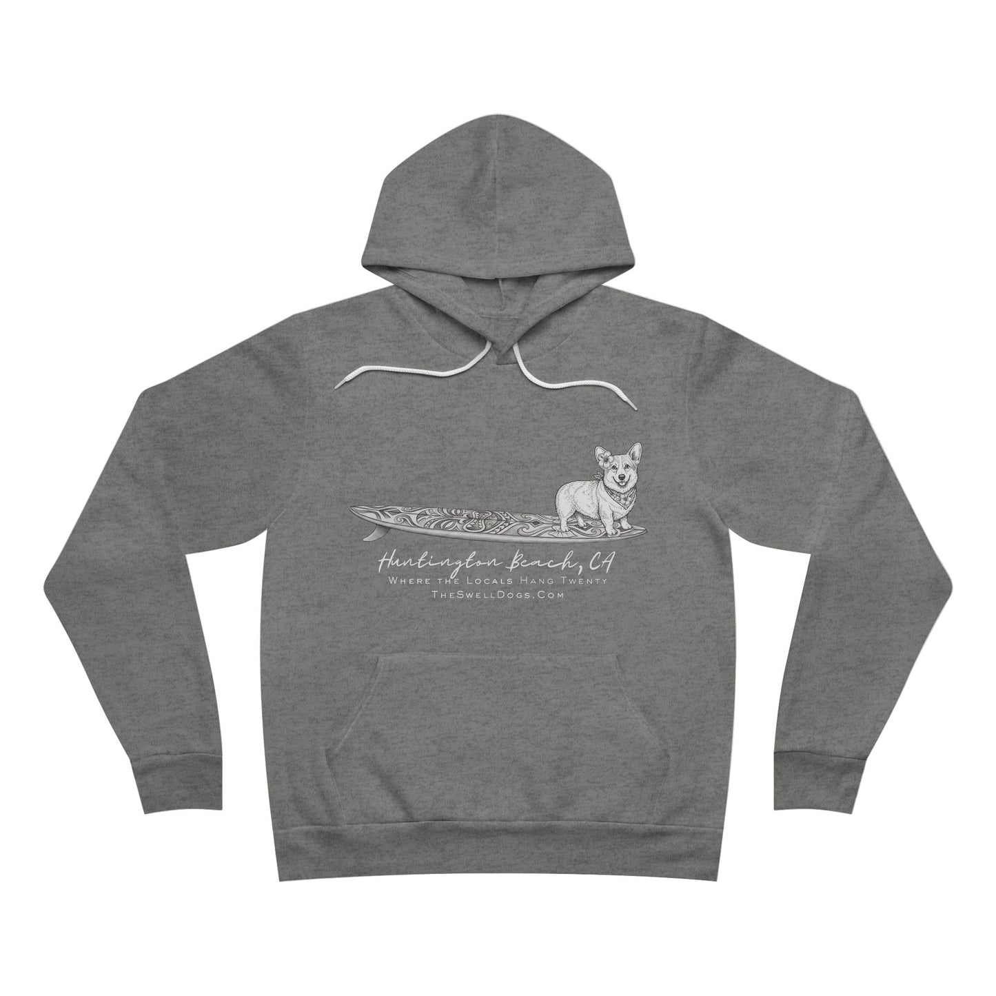 Grey pullover hoodie featuring a Corgi dog standing on a tiki surfboard with "Huntington Beach, CA" text