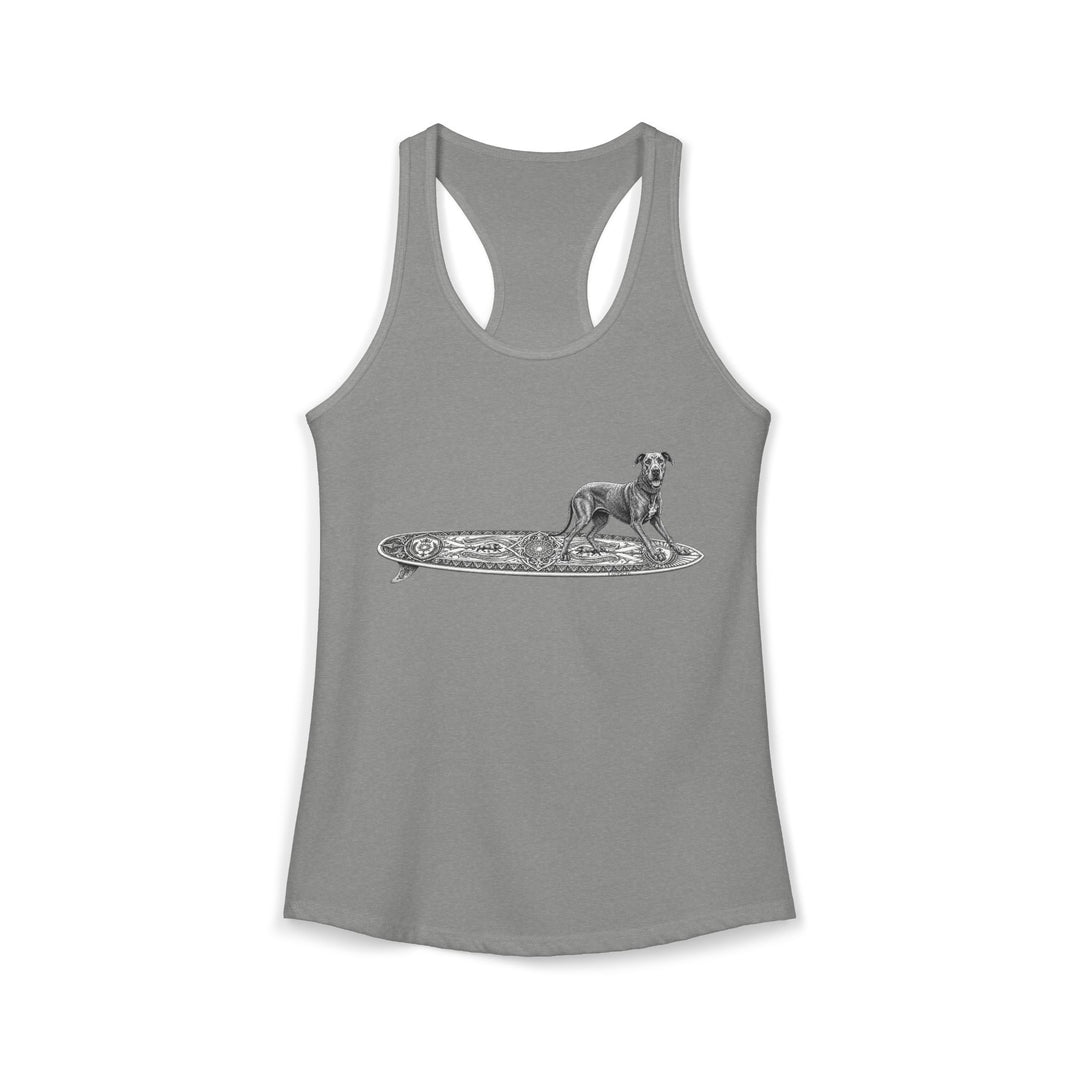 Gray racerback tank top with a Great Dane on a longboard with wild boar crests and suns on it.