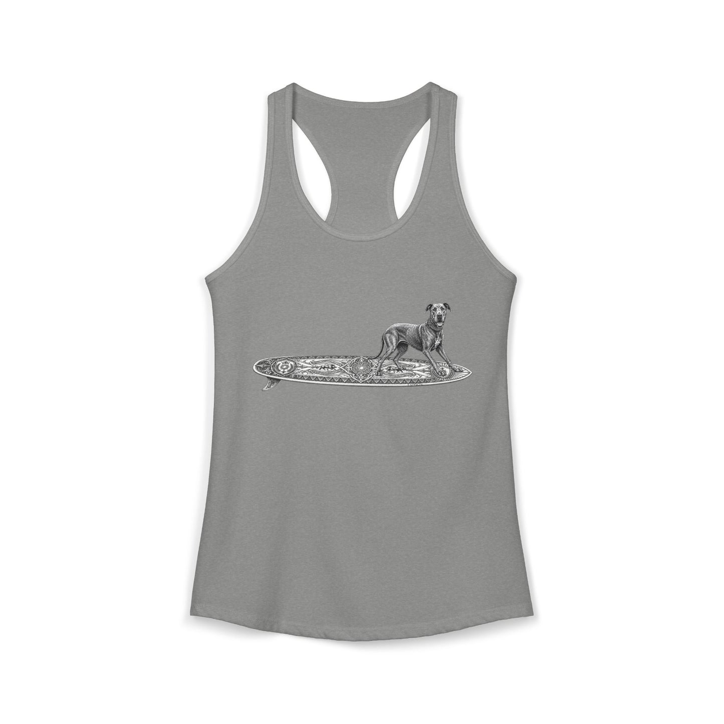 Gray racerback tank top with a Great Dane on a longboard with wild boar crests and suns on it.