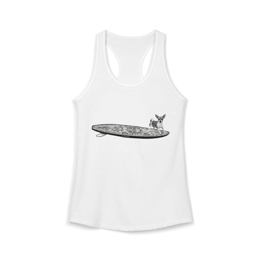 White  racerback tank top with a Chihuaha on a Dia de los Muertos style longboard.