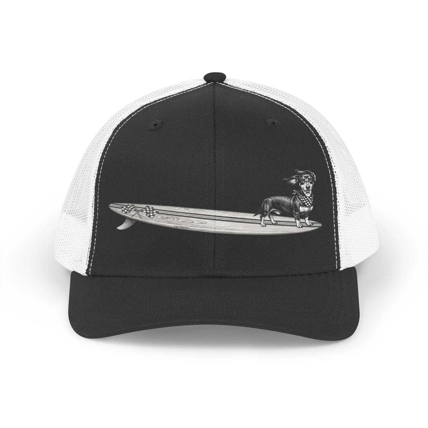 Women's Dachshund surf racerback tank in black, white, and grey. Vintage Dachshund in a checkered racing flag bandana on a wood grain surfboard in classic line art. | The Swell Dogs