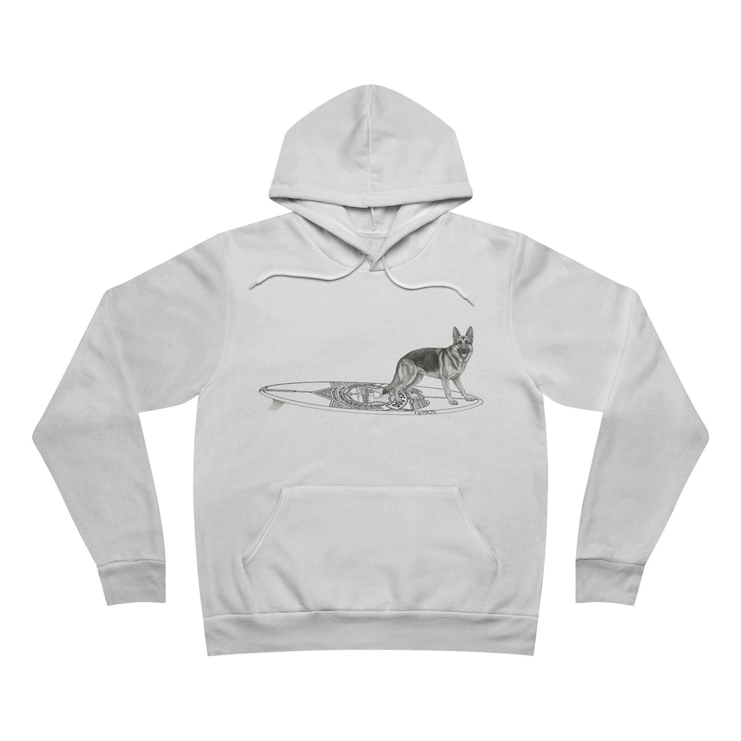 White hoodie with a graphic of a German Shepherd on an Service surfboard.