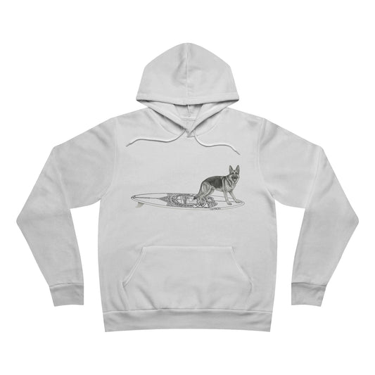 White hoodie with a graphic of a German Shepherd on an Service surfboard.