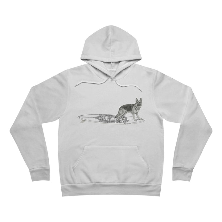 White hoodie with a graphic of a German Shepherd on an Service surfboard.