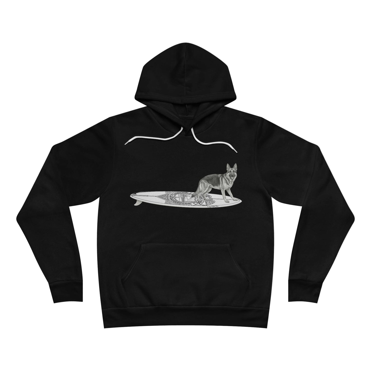 Black hoodie with a graphic of a German Shepherd on an Service surfboard.