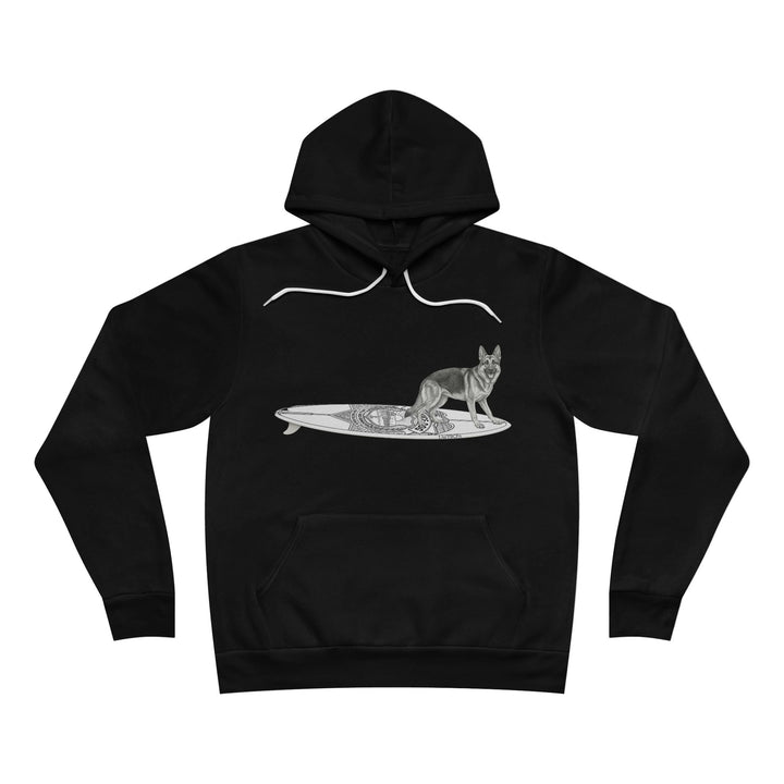 Black hoodie with a graphic of a German Shepherd on an Service surfboard.