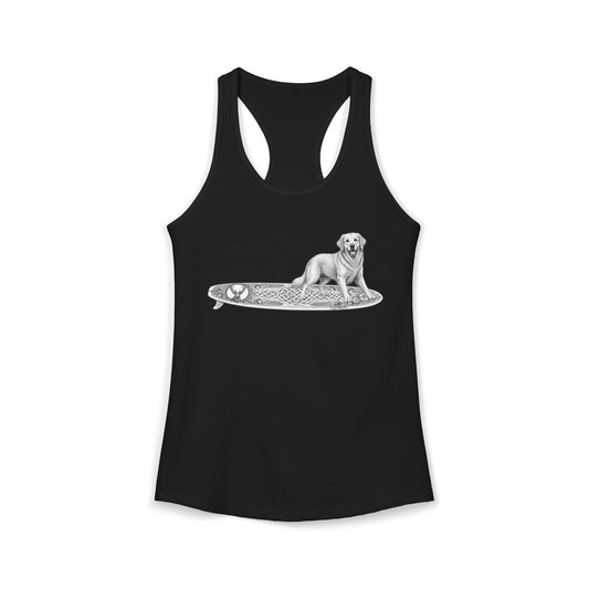 Black racerback tank top with a white Golden Retriever dog on a surfboard with a irish knot graphic on it.