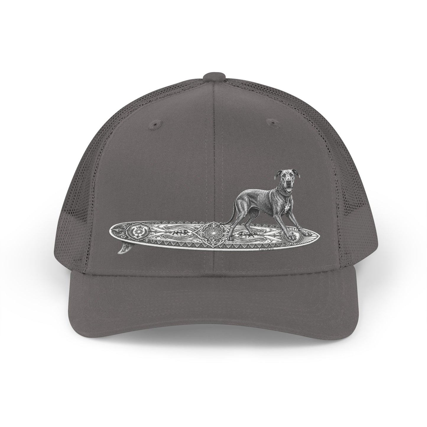 Gray  trucker hat with a Great Dane on a longboard with wild boar crests and suns on it.