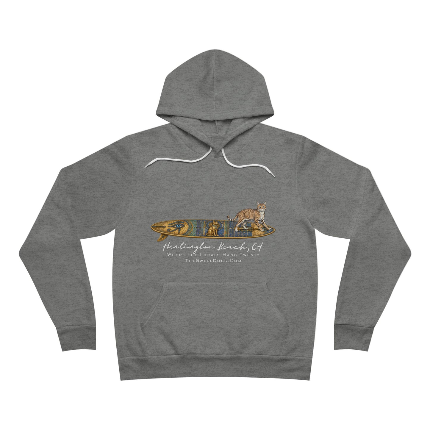 Grey pullover hoodie featuring a Tabby Cat standing on a Egyptian surfboard with "Huntington Beach, CA" text