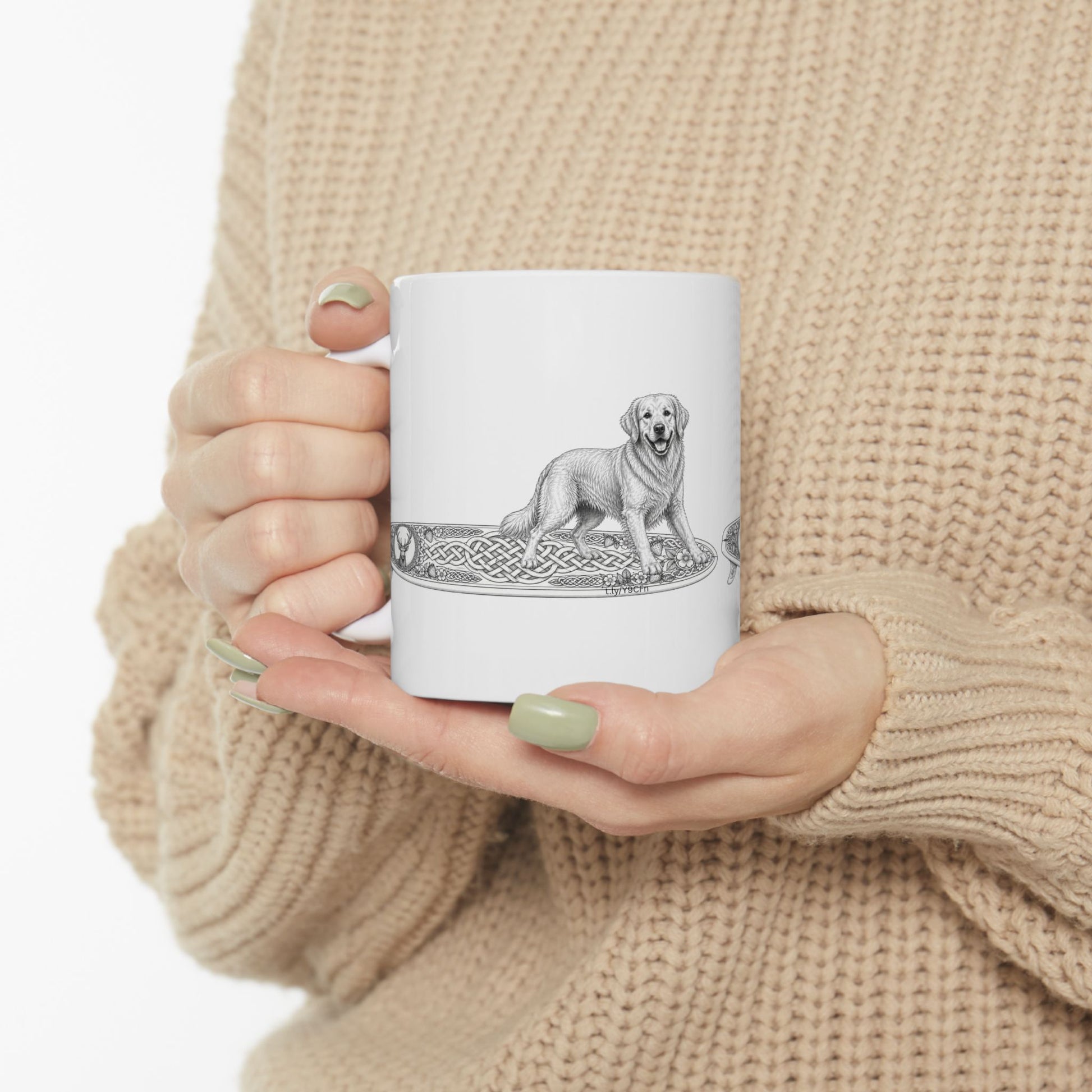 White mug with a Golden Retriever riding a long surfboard with keltic knots and embellishments.