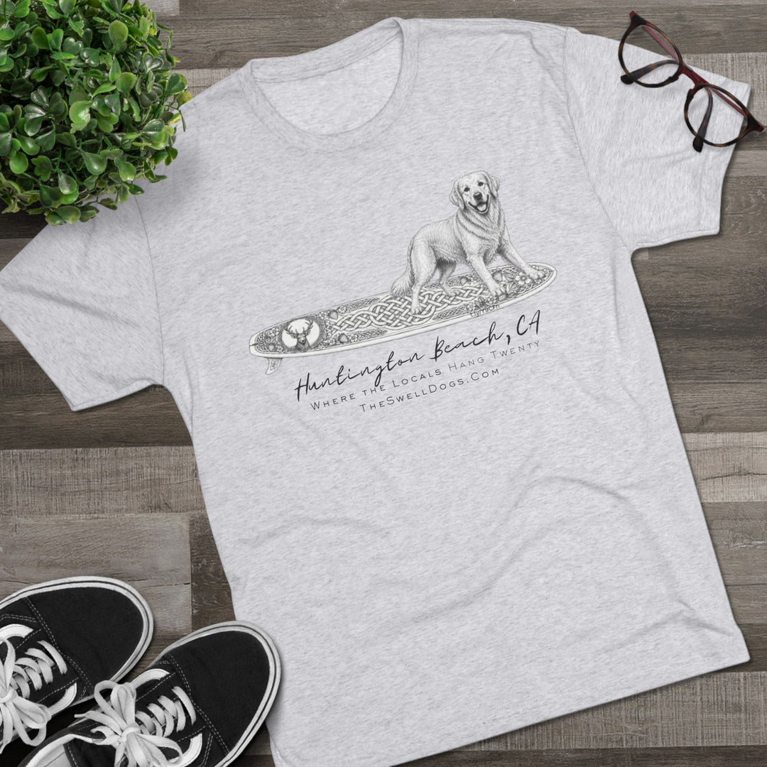 White t-shirt with a Golden Retriever on a Scottish surfboard with "Huntington Beach, CA" text 