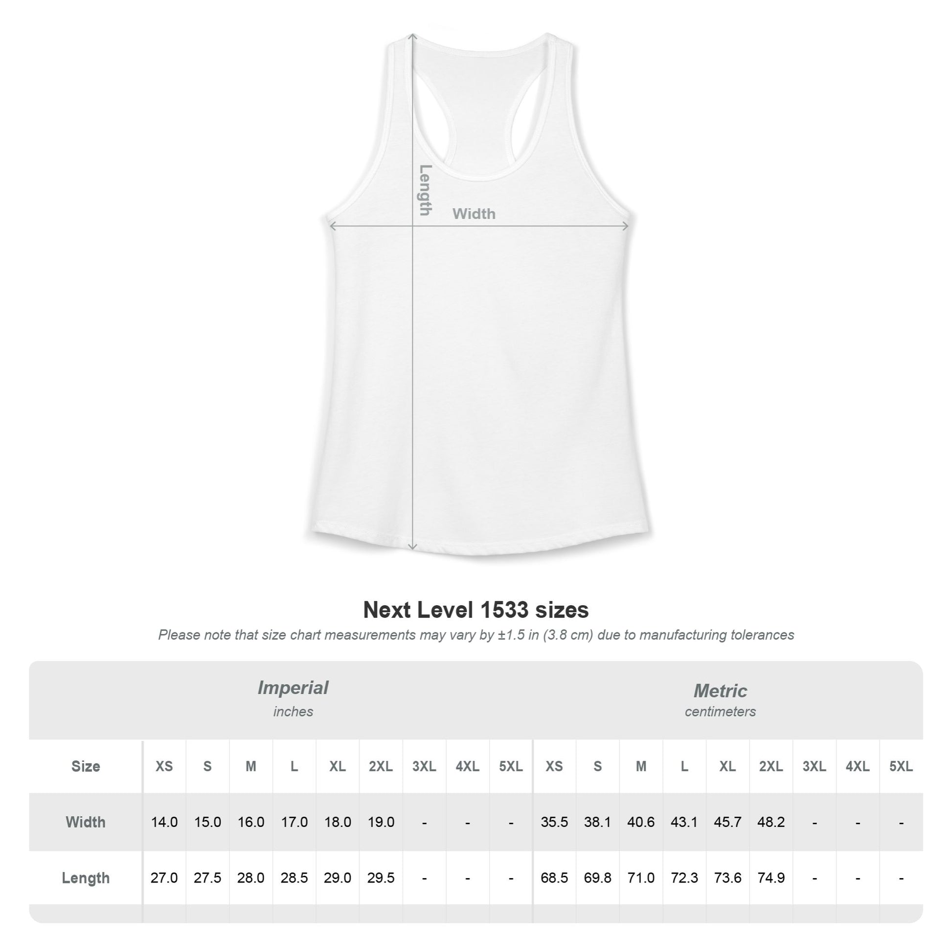 Size chart for Dachshund surf racerback tank top — Next Level 1533 women's sizing guide — The Swell Dogs