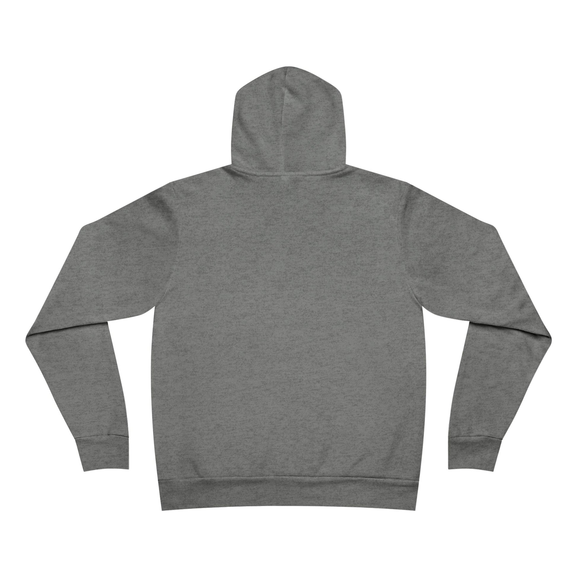 Gray hoodie back view with a graphic of a German Shepherd on an Service surfboard.
