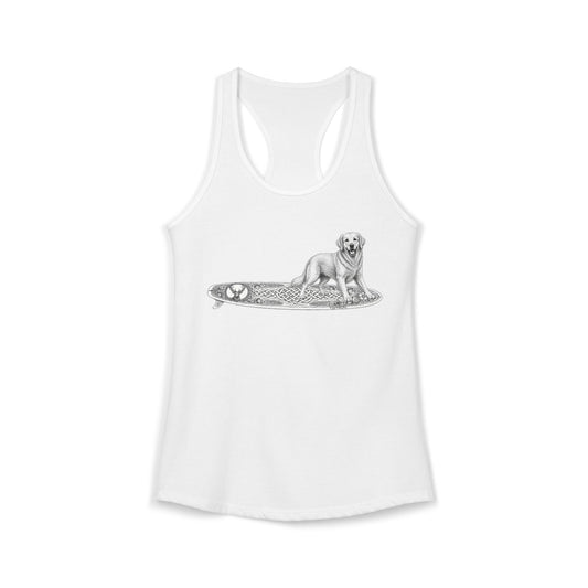 White racerback tank top with a white Golden Retriever dog on a surfboard with a irish knot graphic on it.
