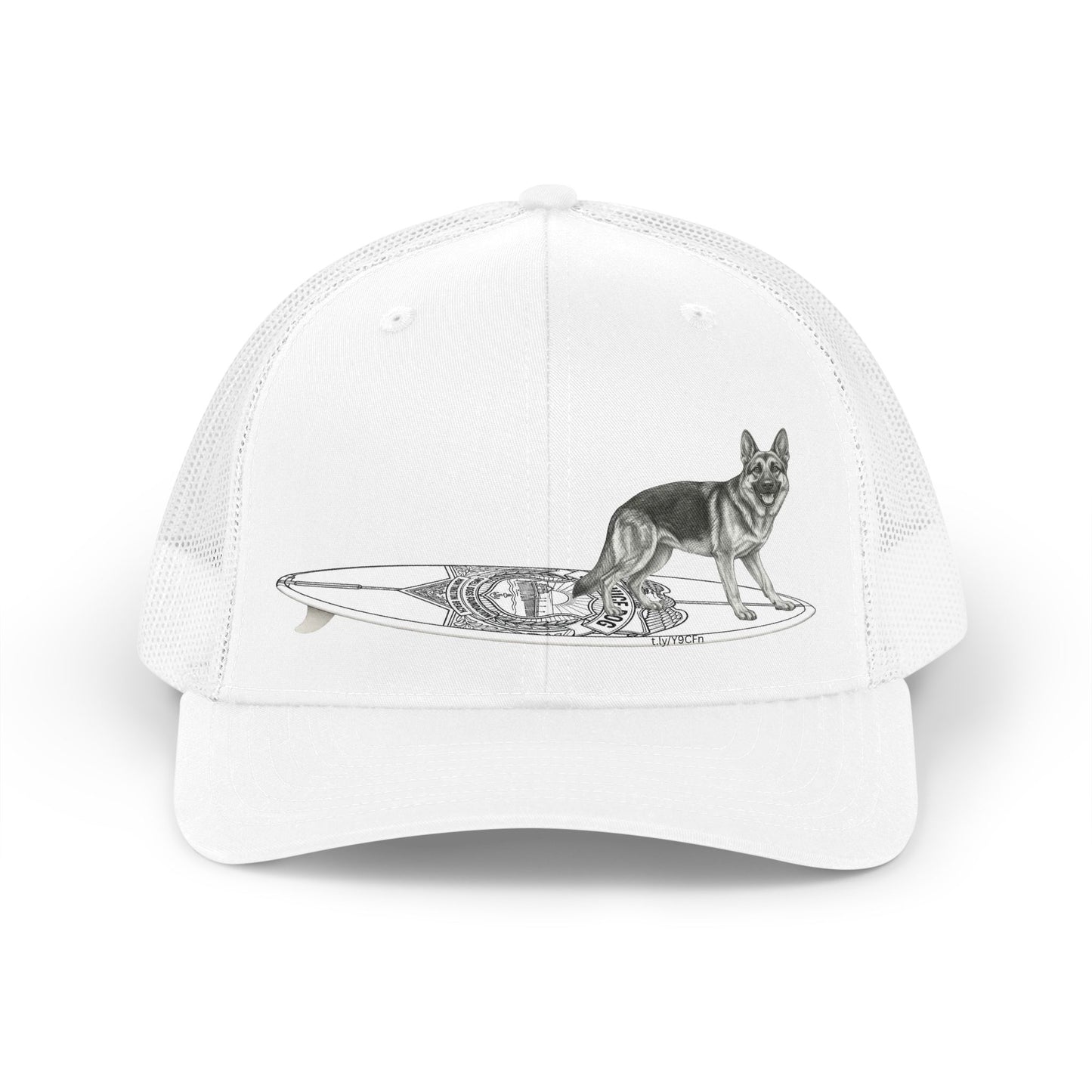 White trucker hat with a German Shepherd hanging twenty on a Service Dog styl longboard.