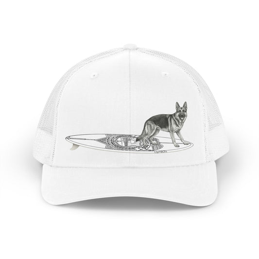 White trucker hat with a German Shepherd hanging twenty on a Service Dog styl longboard.