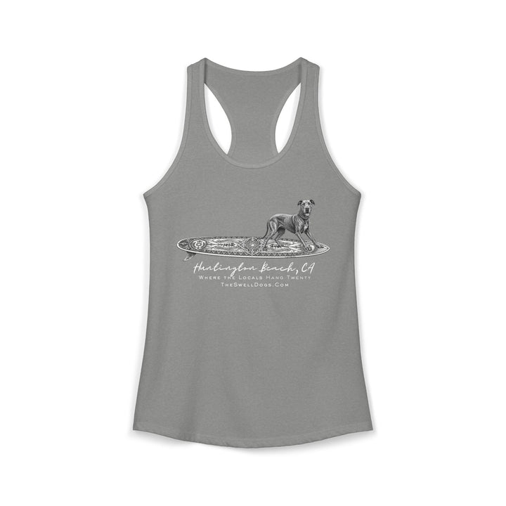 Grey racerback tank top featuring a Great Dane on a Keltic surfboard with "Huntington Beach, CA" text