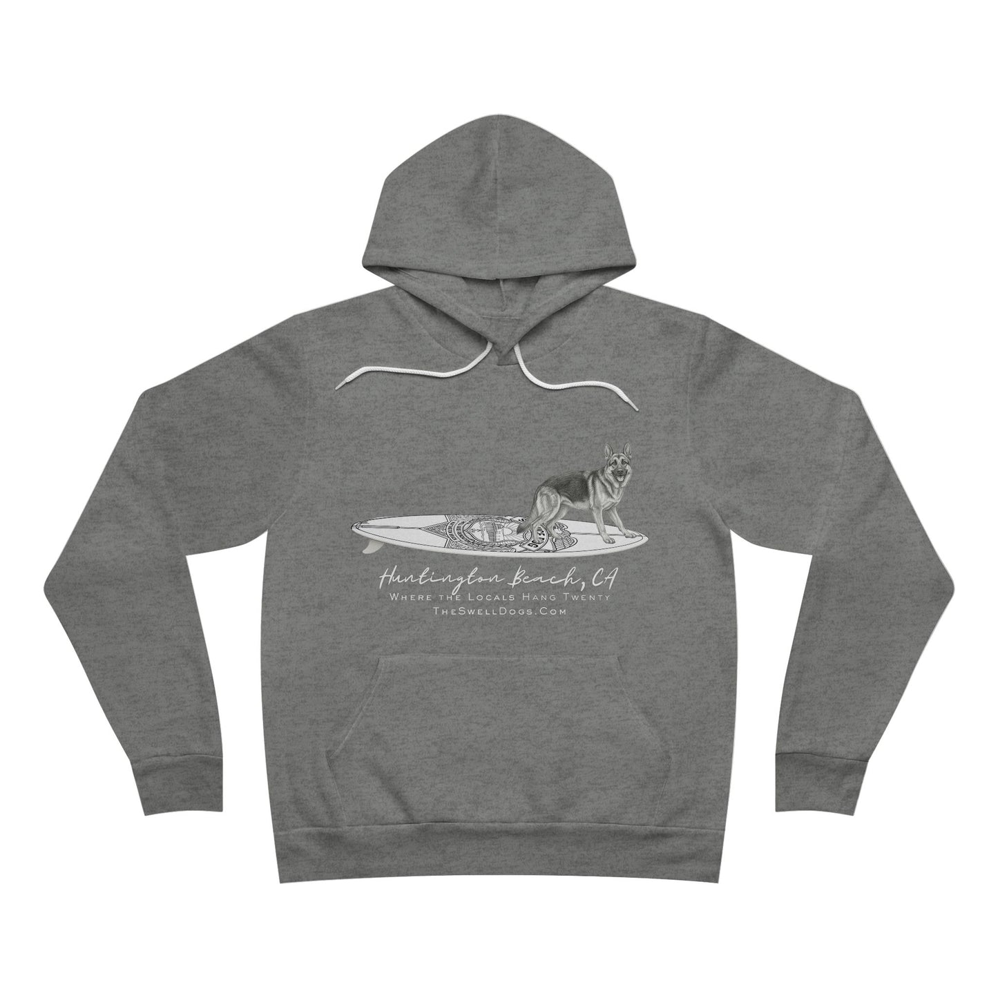 Gray pullover hoodie featuring a German Shepard dog standing on a surfboard with "Huntington Beach, CA" text