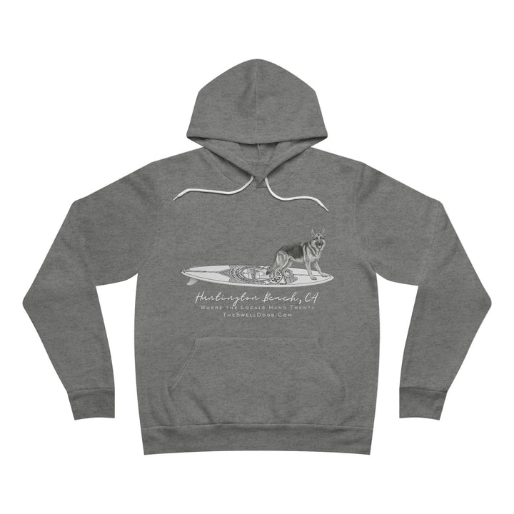 Gray pullover hoodie featuring a German Shepard dog standing on a surfboard with "Huntington Beach, CA" text