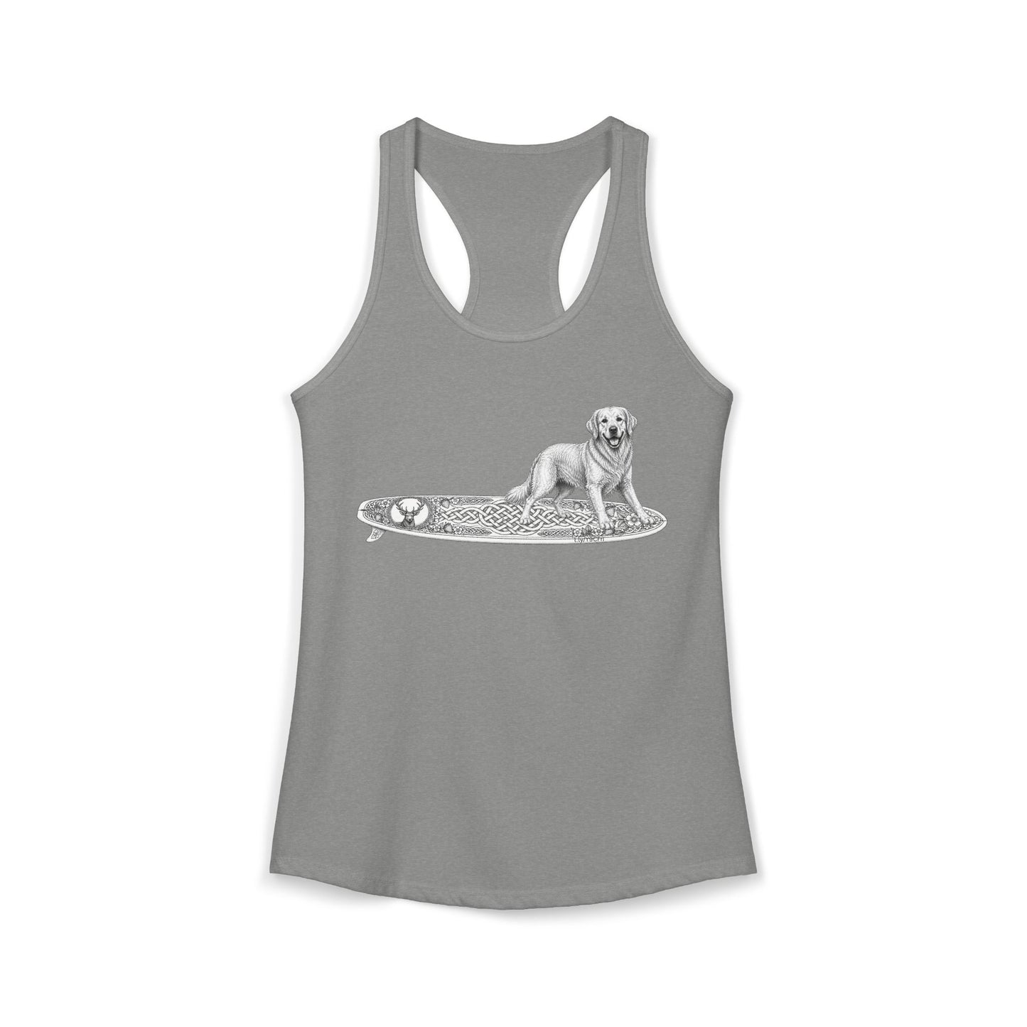 Gray racerback tank top with a Golden Retriever riding a long surfboard with keltic knots and embellishments.