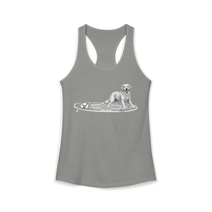 Gray racerback tank top with a Golden Retriever riding a long surfboard with keltic knots and embellishments.