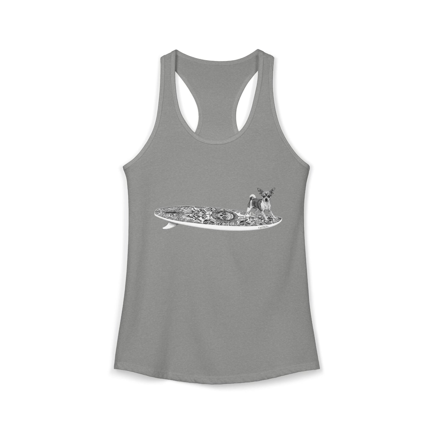 Gray racerback tank top with a Chihuahua surfing on a Day of the Dead surfboard.