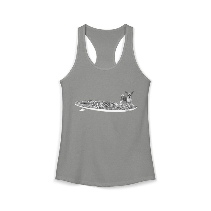Gray racerback tank top with a Chihuahua surfing on a Day of the Dead surfboard.