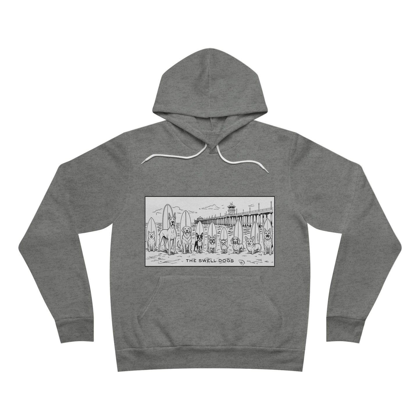 Gray hoodie with 9 dogs standing in front of surfboards with the Huntington Beach pier on the background.