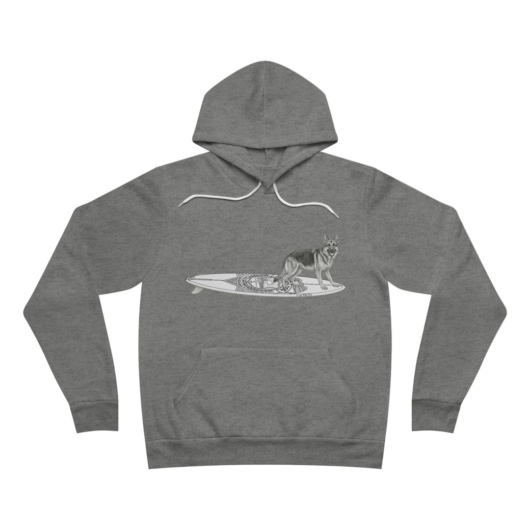 Gray hoodie with a graphic of a German Shepherd on an Service surfboard.