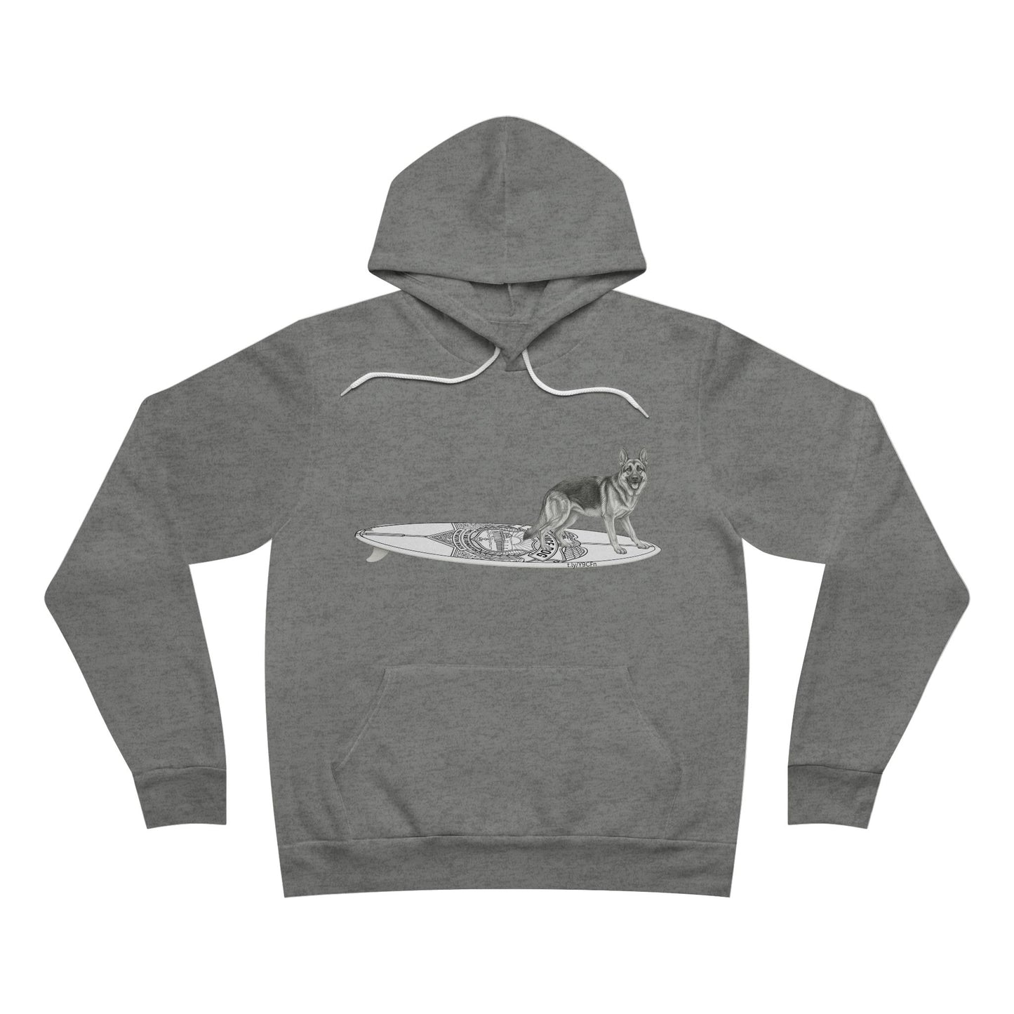 Gray hoodie with a graphic of a German Shepherd on an Service surfboard.