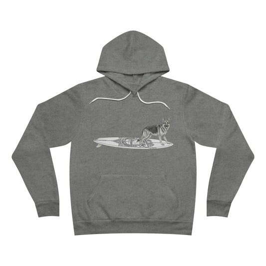 Gray hoodie with a graphic of a German Shepherd on an Service surfboard.