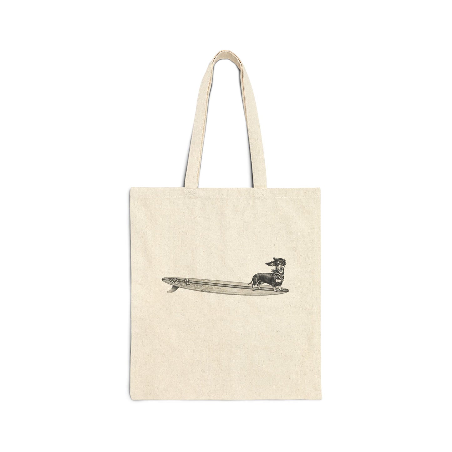 Natural canvas tote bag with Dachshund in checkered racing flag bandana on a wood grain racing flag surfboard illustration — The Swell Dogs