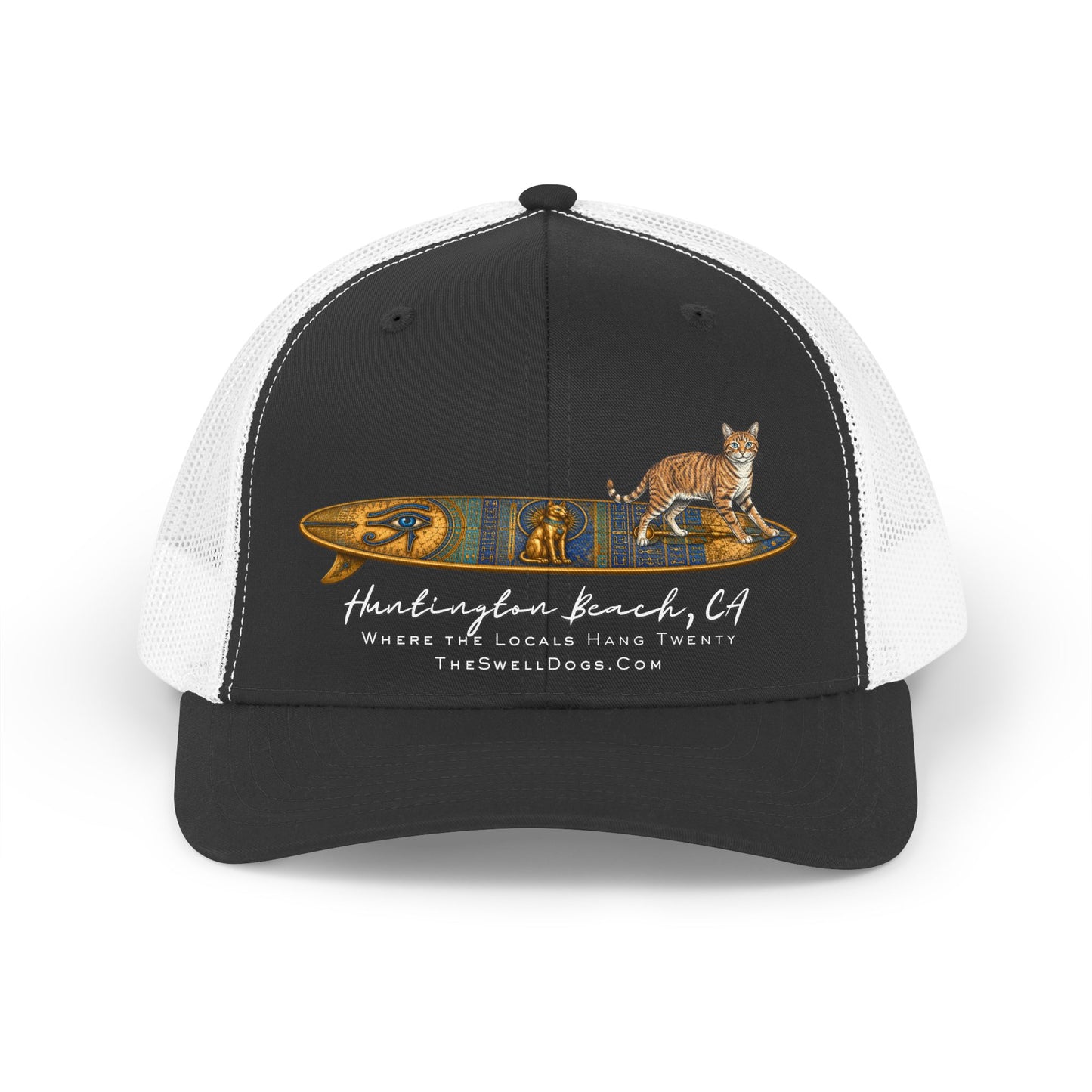 Adjustable trucker hat featuring a tabby cat standing on an Egyptian surfboard with "Huntington Beach, CA" text