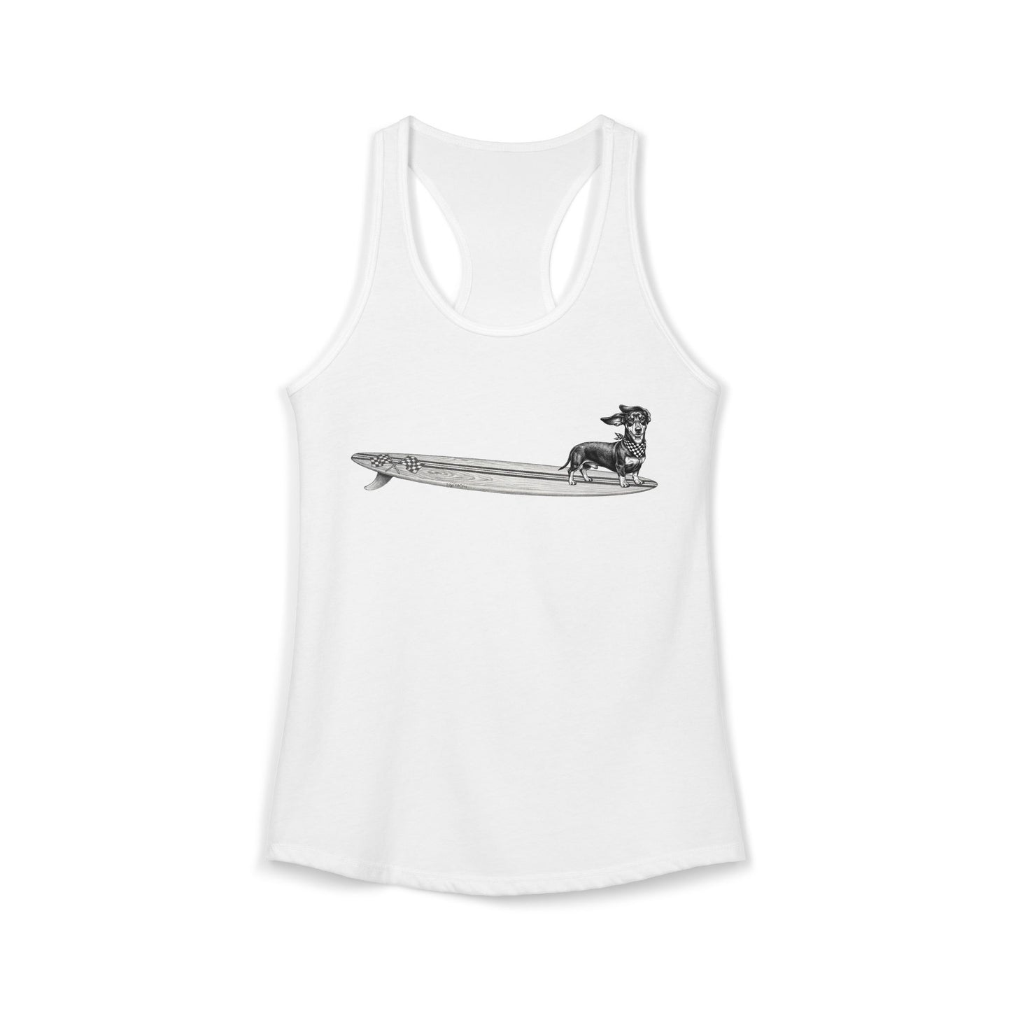 White racerback tank top with Dachshund in checkered racing flag bandana on a wood grain racing flag surfboard illustration — The Swell Dogs