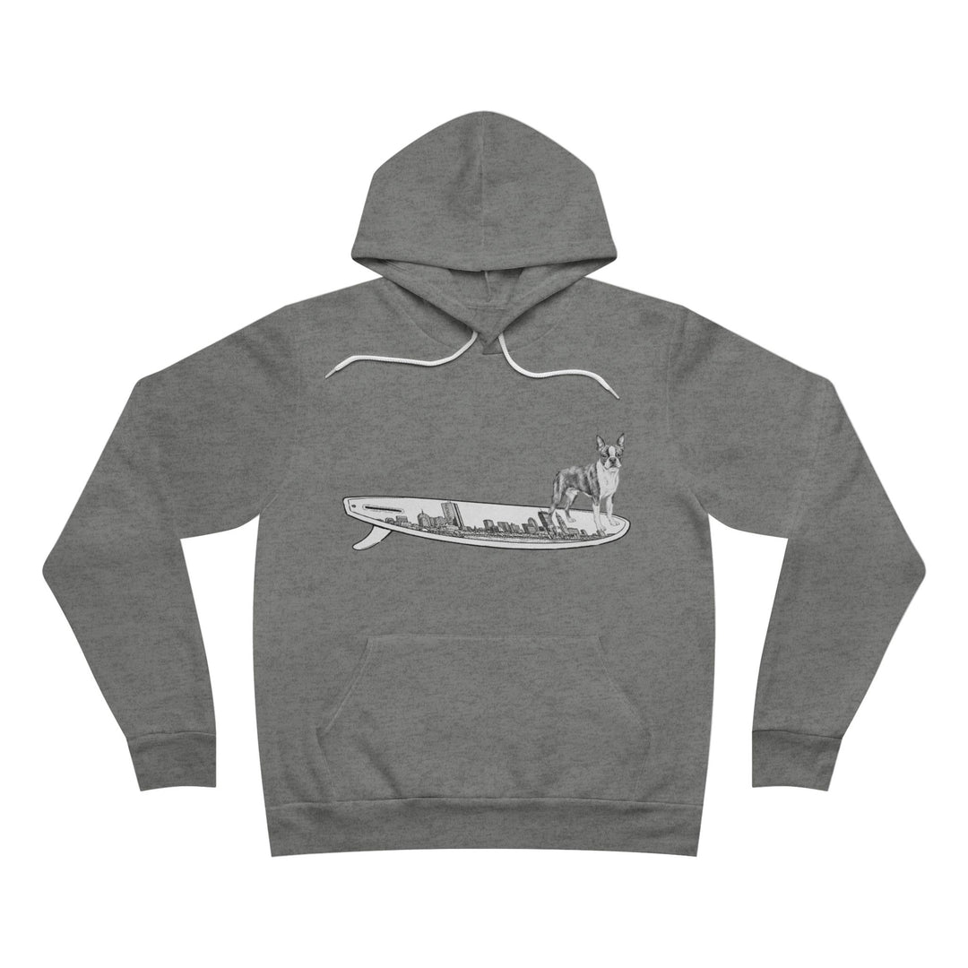 Gray hoodie with a graphic of a Boston Terrier dog on a Boston skyline surfboard. 