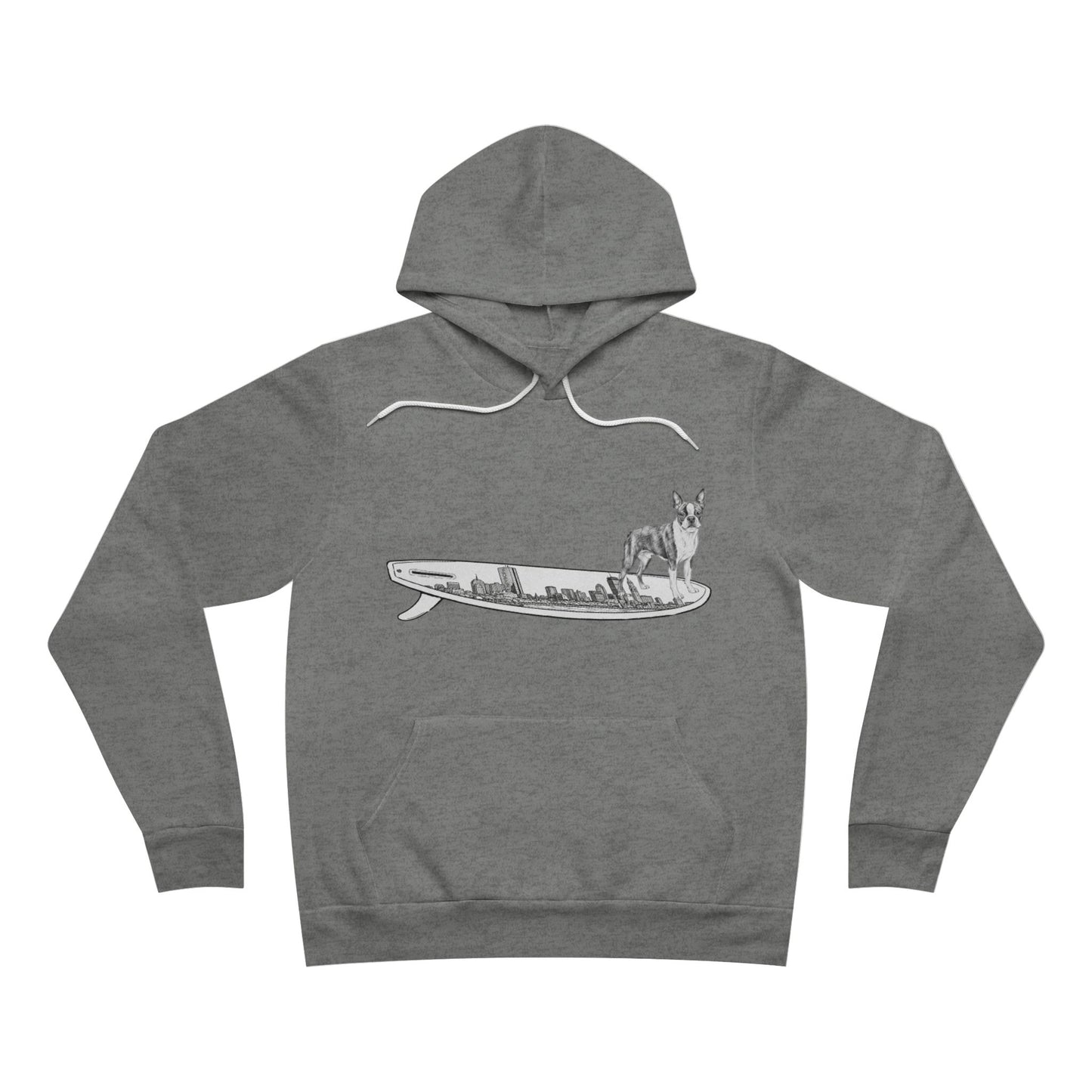 Gray hoodie with a graphic of a Boston Terrier dog on a Boston skyline surfboard. 