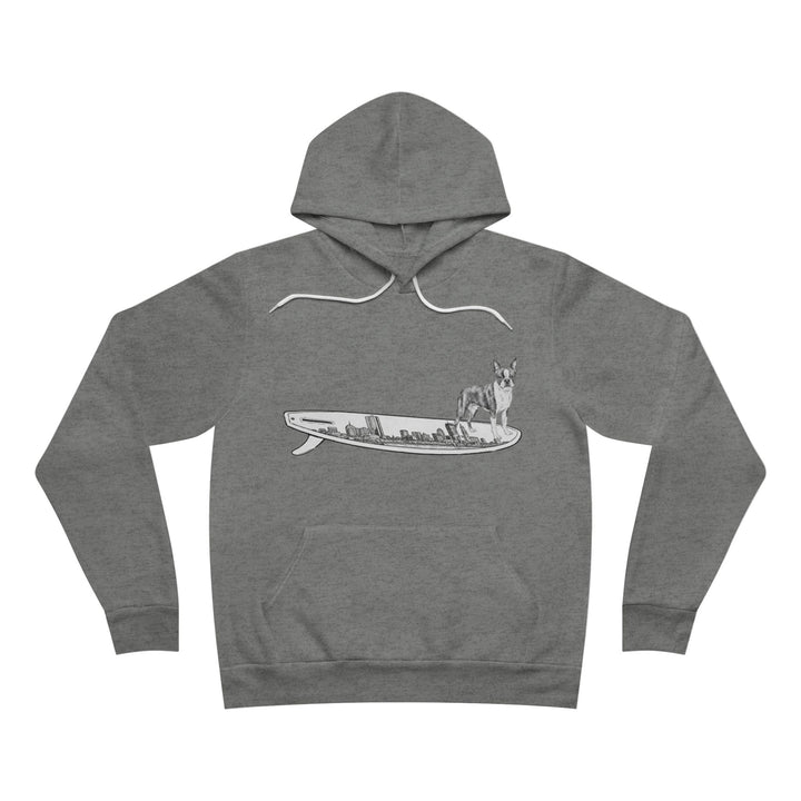 Gray hoodie with a graphic of a Boston Terrier dog on a Boston skyline surfboard. 