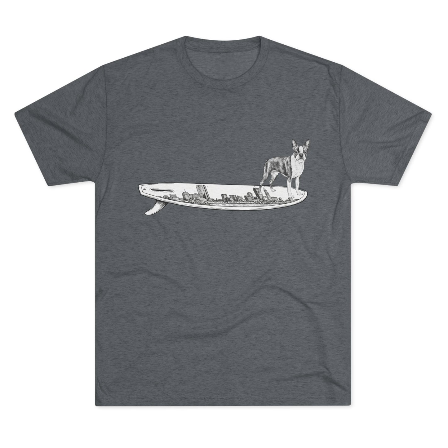 Boston Terrier surf graphic gray tee — Buddy on the Boston Skyline surfboard — The Swell Dogs