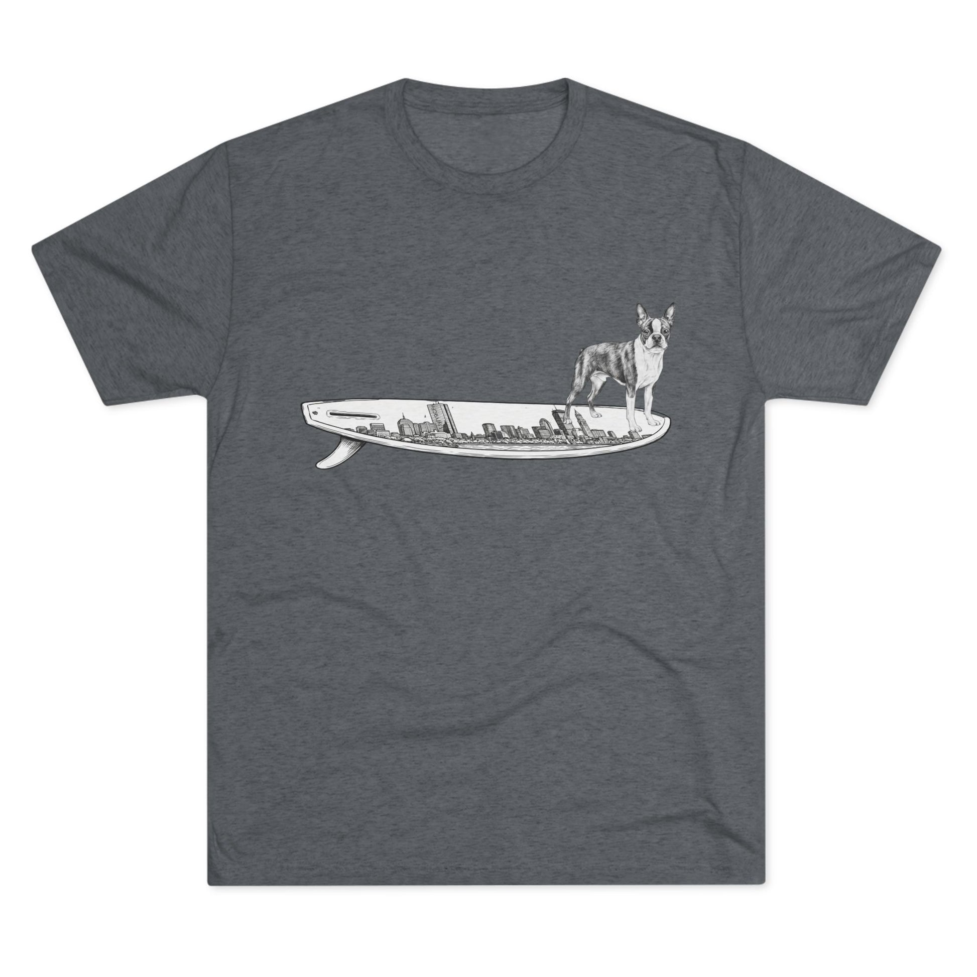 Boston Terrier surf graphic gray tee — Buddy on the Boston Skyline surfboard — The Swell Dogs