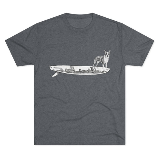 Boston Terrier surf graphic gray tee — Buddy on the Boston Skyline surfboard — The Swell Dogs