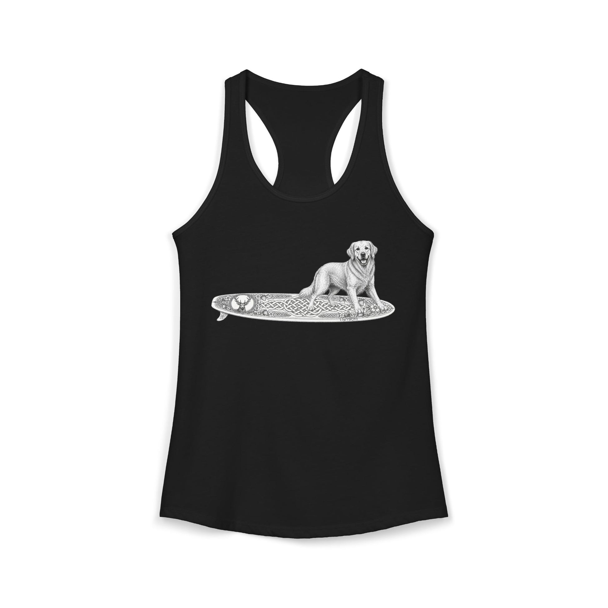 Black racerback tank top with a Golden Retriever riding a long surfboard with keltic knots and embellishments.
