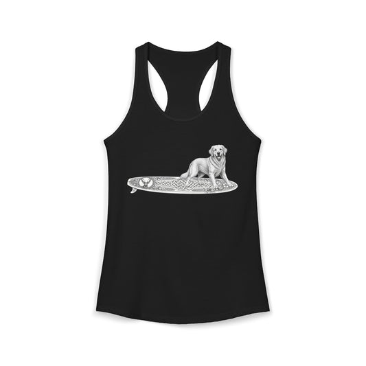 Black racerback tank top with a Golden Retriever riding a long surfboard with keltic knots and embellishments.