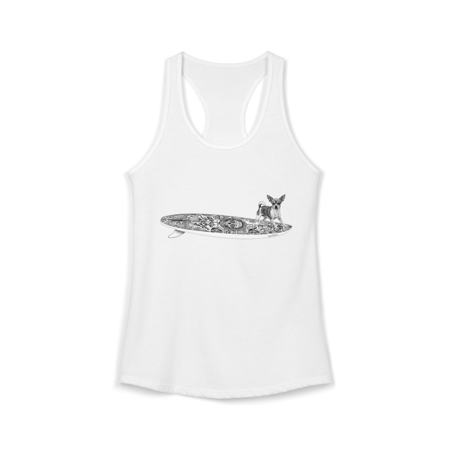 White racerback tank top with a Chihuahua surfing on a Day of the Dead surfboard.