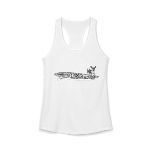 White racerback tank top with a Chihuahua surfing on a Day of the Dead surfboard.