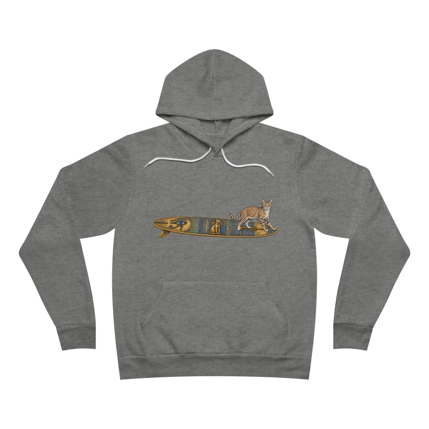 Gray hoodie with a graphic of a Tabby Cat on an Egyptian surfboard. 